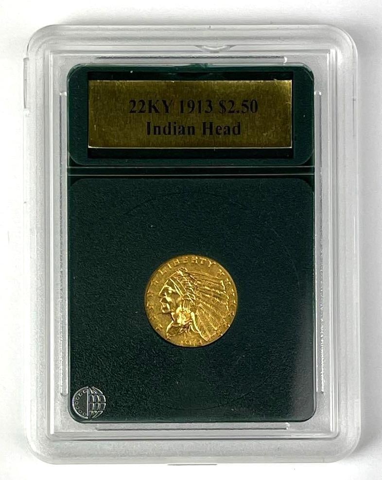 1913 US $2.50 Indian Head Gold Coin in Littleton Slab: 1913 US $2.50 Indian Head Gold Coin in Littleton Slab