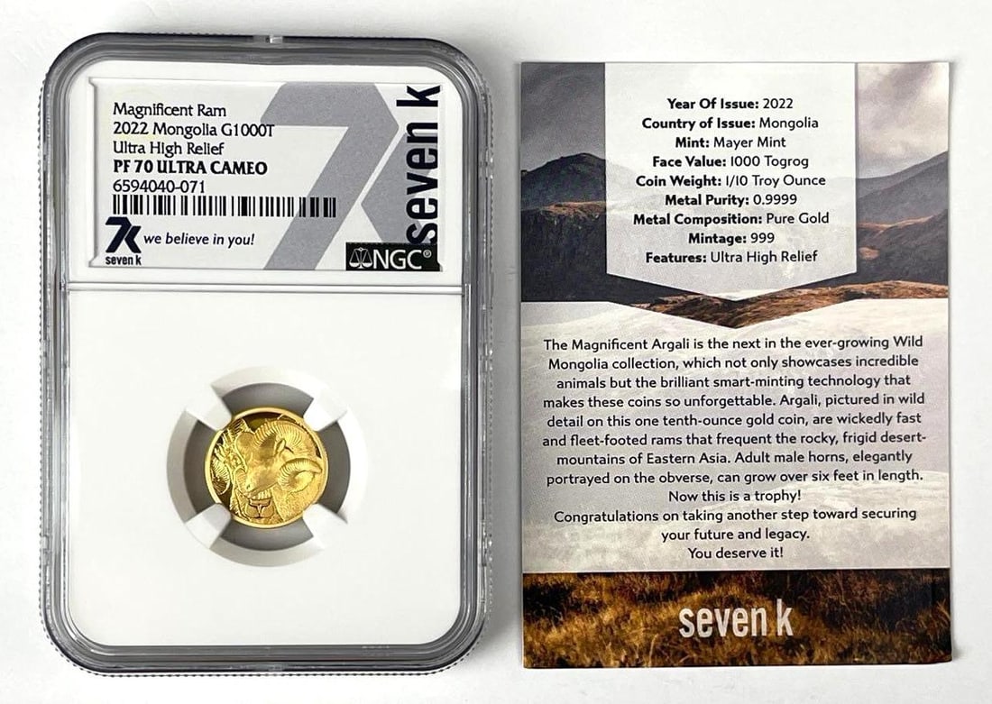 2022 Mongolia 1000 Togrog Magnificent Ram 1/10 oz .9999 Fine Gold Coin NGC PF70 Ultra Cameo: Seven K, Ultra High Relief, includes COA
