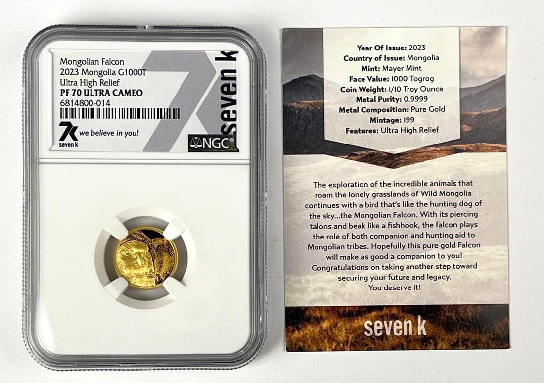 2023 Mongolia 1000 Togrog Mongolian Falcon 1/10 oz .9999 Fine Gold Coin NGC PF70 Ultra Cameo: Seven K, Ultra High Relief, includes COA