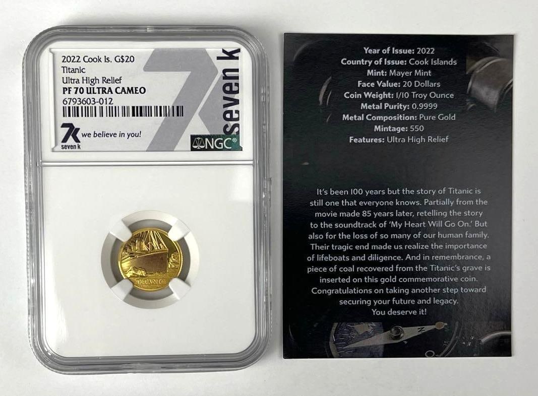 2022 Cook Islands $20 Titanic 1/10 oz .9999 Fine Gold Coin NGC PF70 Ultra Cameo: Seven K, Ultra High Relief, includes COA
