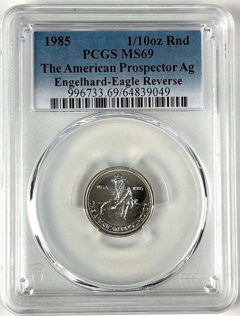 1985 Engelhard The American Prospector 1/10 oz 999 Fine Silver Round PCGS?MS69: 1985 Engelhard The American Prospector 1/10 oz 999 Fine Silver Round PCGS?MS69