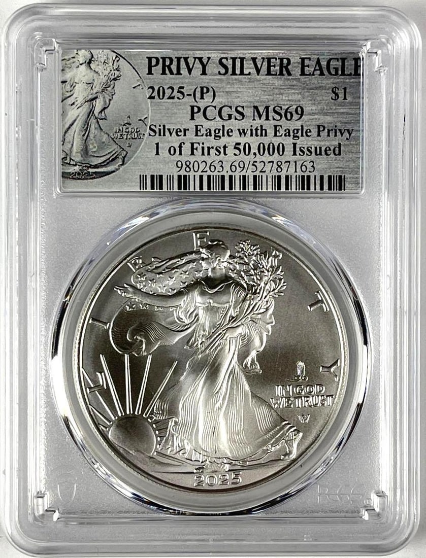 2025 P US $1 American Silver Eagle with Eagle Privy 1 oz Fine Silver Coin PCGS MS69: 1 of First 50,000 Issued