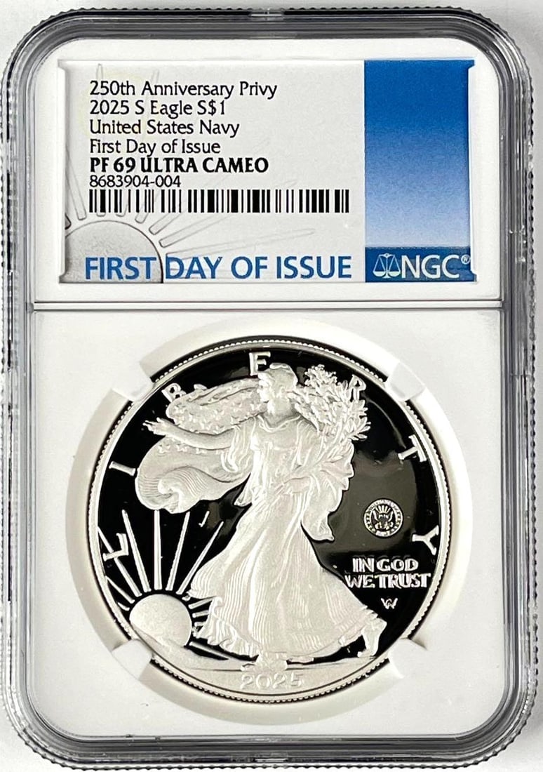 2025 S US $1 American Silver Eagle with 250th Anniversary Privy 1 oz Fine Silver Coin NGC PF69 Ultra: First Day of Issue, US Navy
