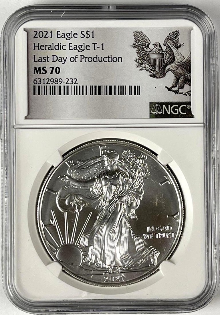 2021 US $1 American Silver Eagle 1 oz Fine Silver Coin NGC MS70: Last Day of Production, Heraldic Eagle T-1