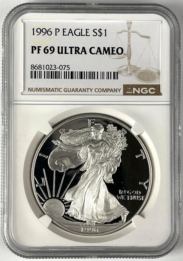 1996 P US $1 American Silver Eagle 1 oz Fine Silver Coin NGC PF69 Ultra Cameo: 1996 P US $1 American Silver Eagle 1 oz Fine Silver Coin NGC PF69 Ultra Cameo