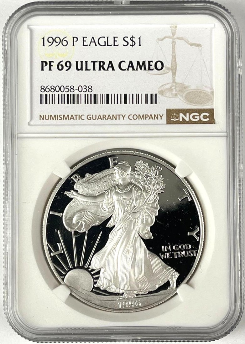 1996 P US $1 American Silver Eagle 1 oz Fine Silver Coin NGC PF69 Ultra Cameo: 1996 P US $1 American Silver Eagle 1 oz Fine Silver Coin NGC PF69 Ultra Cameo