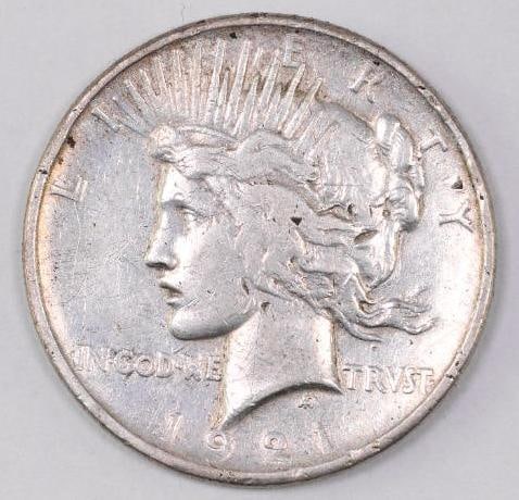 1921 P Peace Silver Dollar: Key Date Rarity, Fine details, scratch obverse.