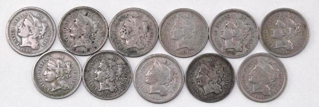 Group of (11) Three Cent Piece Nickels: Includes (3) 1865, 1866, (2) 1867, 1868, 1869, 1873 & (2) 1881.