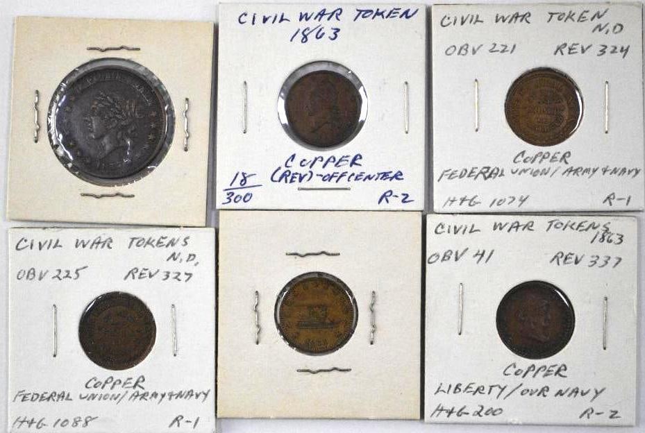 Group of (6) Civil War & Hard Times Tokens (1 of 2)
