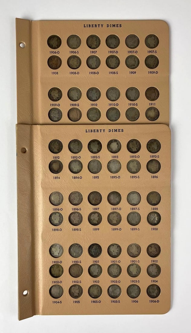 Group of 78 US Barber 90% Silver Dimes in Album Pages: Includes years 1892-1916.