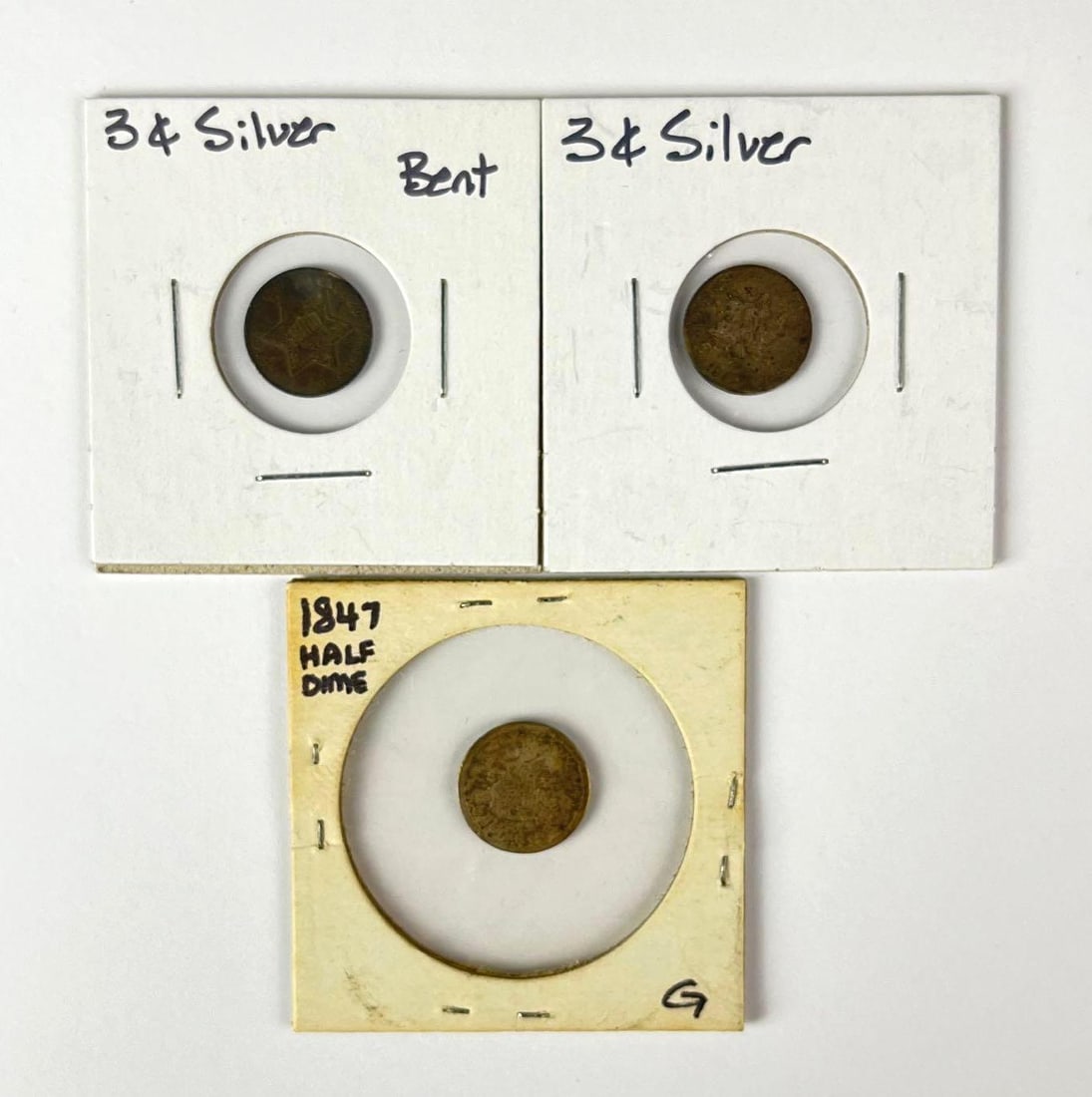 Group of 3 US Silver Coins: Includes 2 3 Silver Cents and 1847 Seated Liberty Half Dime.