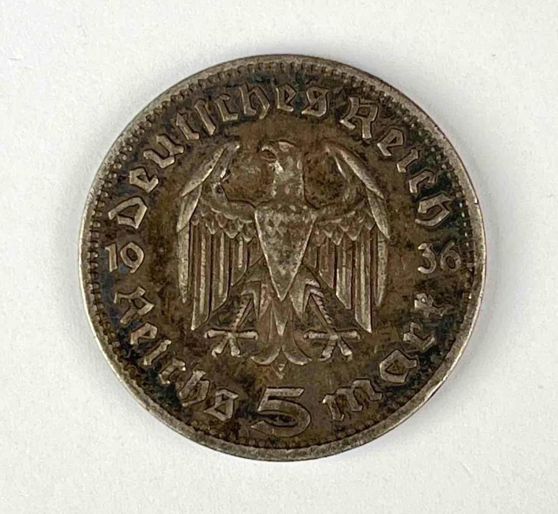 1936 WW2 German Paul von Hindenburg 5 Reichsmark Silver Coin: 1936 WW2 German Paul von Hindenburg 5 Reichsmark Silver Coin