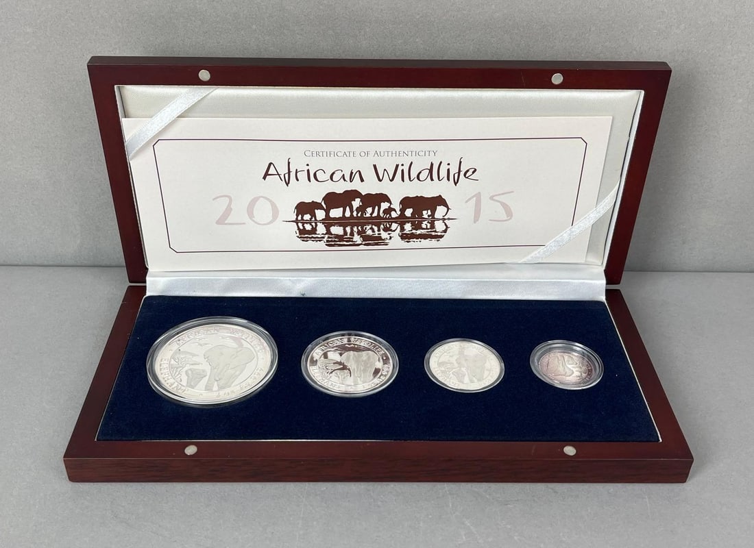 2015 Somali Republic African Wildlife Elephant 4 Coin Proof Set: Includes COA. Features 2 oz, 1 oz, 1/2 oz and 1/4 oz 999 Silver Coins