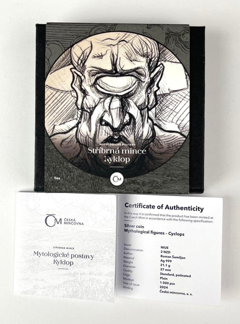 2024 NIUE $2 Mythological Figures Cyclops 1 oz .999 Silver Coin: Includes COA, Mintage of 1,000.