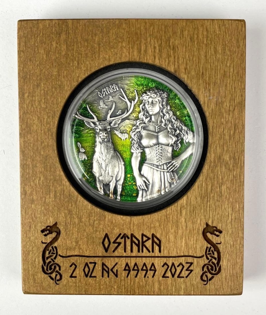 2023 Germania Mint 10 Mark Valkyries Ostara 2 oz 999.9 Fine Silver Round: Includes COA and Trading Card. Mintage of 999.