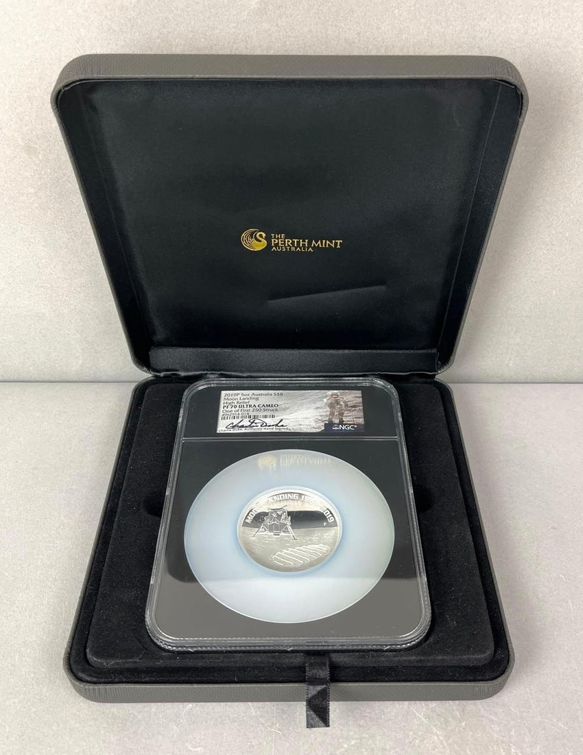 2019 P Australia $8 Moon Landing 5 oz 9999 Silver Coin NGC PF70 Ultra Cameo: Signed Charlie Duke, High Relief, one of First 250 Struck. Includes COA