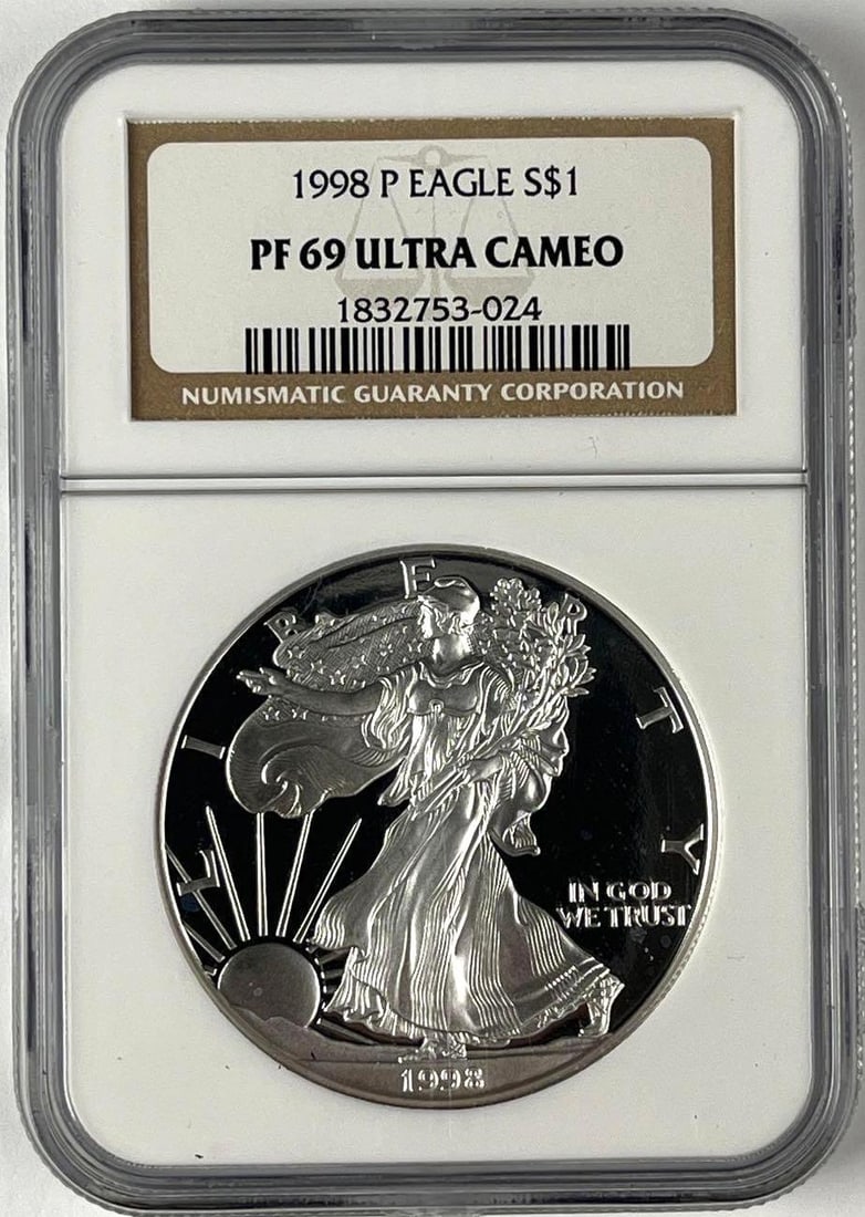 1998 P US $1 American Silver Eagle 1 oz Fine Silver Coin NGC PF69 Ultra Cameo: 1998 P US $1 American Silver Eagle 1 oz Fine Silver Coin NGC PF69 Ultra Cameo