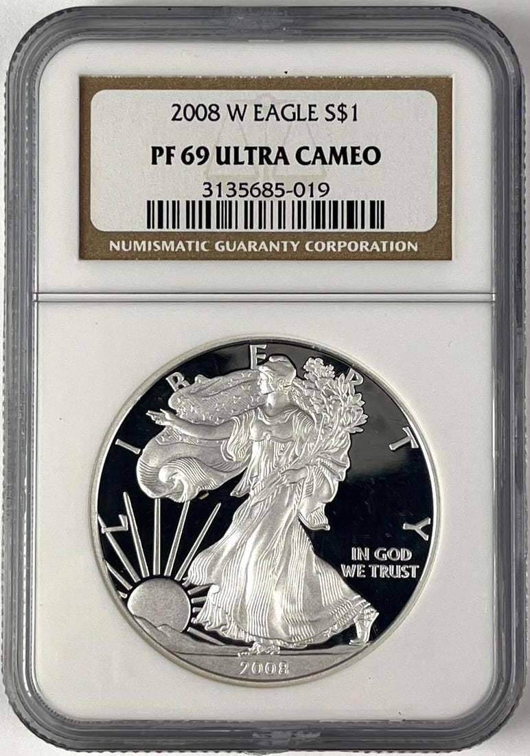 2008 W US $1 American Silver Eagle 1 oz Fine Silver Coin NGC PF69 Ultra Cameo: 2008 W US $1 American Silver Eagle 1 oz Fine Silver Coin NGC PF69 Ultra Cameo