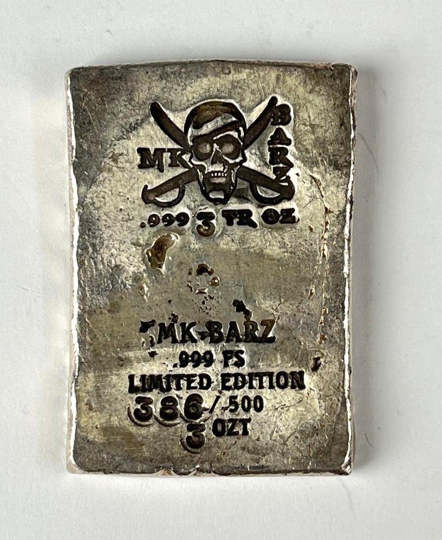 MK Barz Hand Poured Skull 3 oz .999 Fine Silver Ingot/ Bar: Mintage of 500.