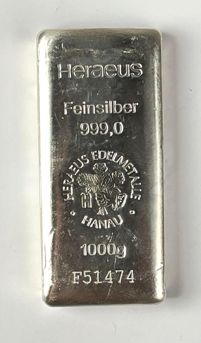 Heraeus Hanau KILO 1000 Gram 999.0 Fine Silver Ingot/ Bar: Heraeus Hanau 1000 Gram 999.0 Fine Silver Ingot/ Bar