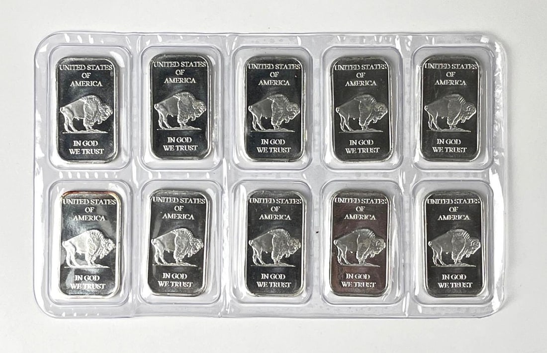 Group of 10 Buffalo Design 1 oz .999 Fine Silver Ingot/ Bars (1 of 2)