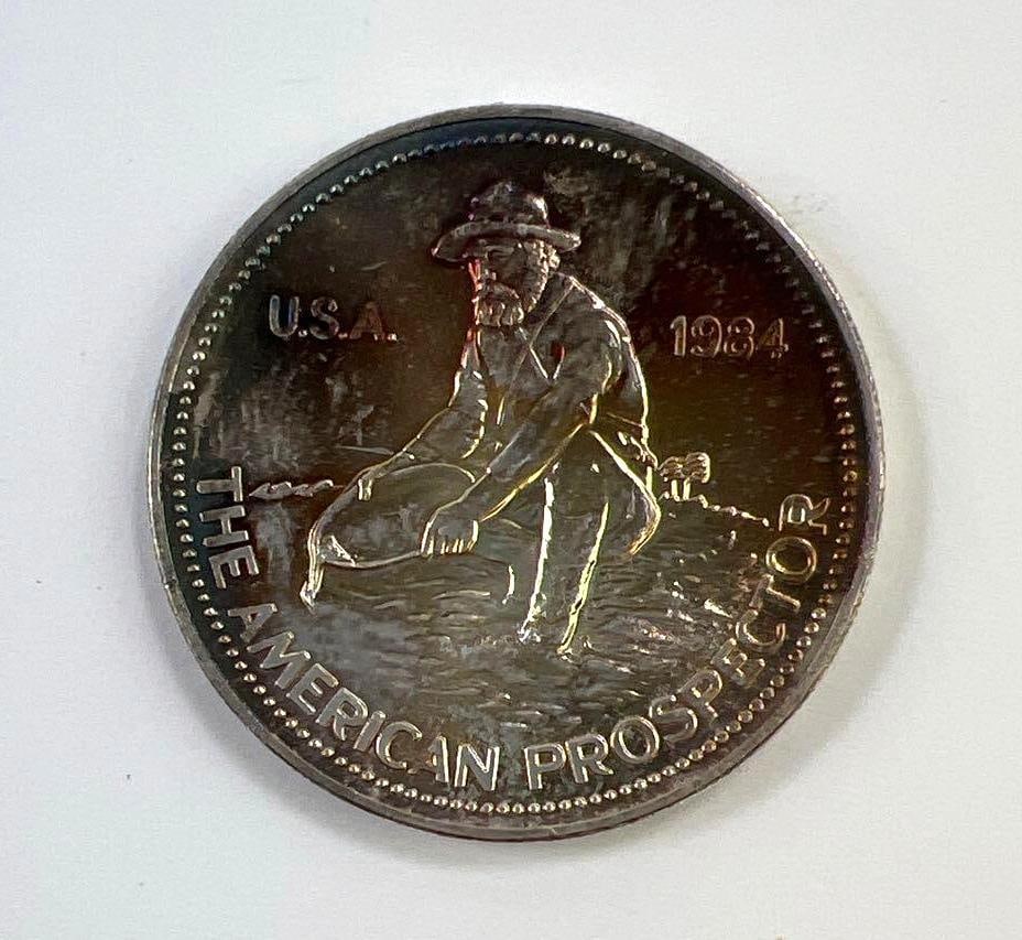 1984 Engelhard American Prospector 1 oz .999 Fine Silver Round: 1984 Engelhard American Prospector 1 oz .999 Fine Silver Round