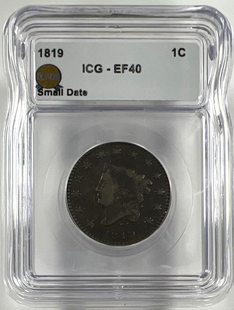 1819 Matron Head Large Cent Small Date ICG EF40: 1819 Matron Head Large Cent Small Date ICG EF40
