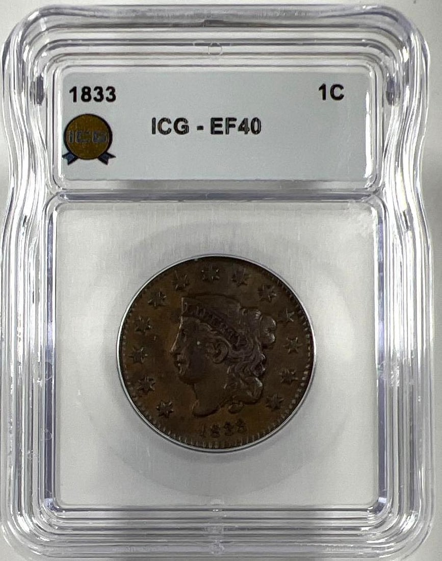 1833 Matron Head Large Cent ICG EF40: 1833 Matron Head Large Cent ICG EF40