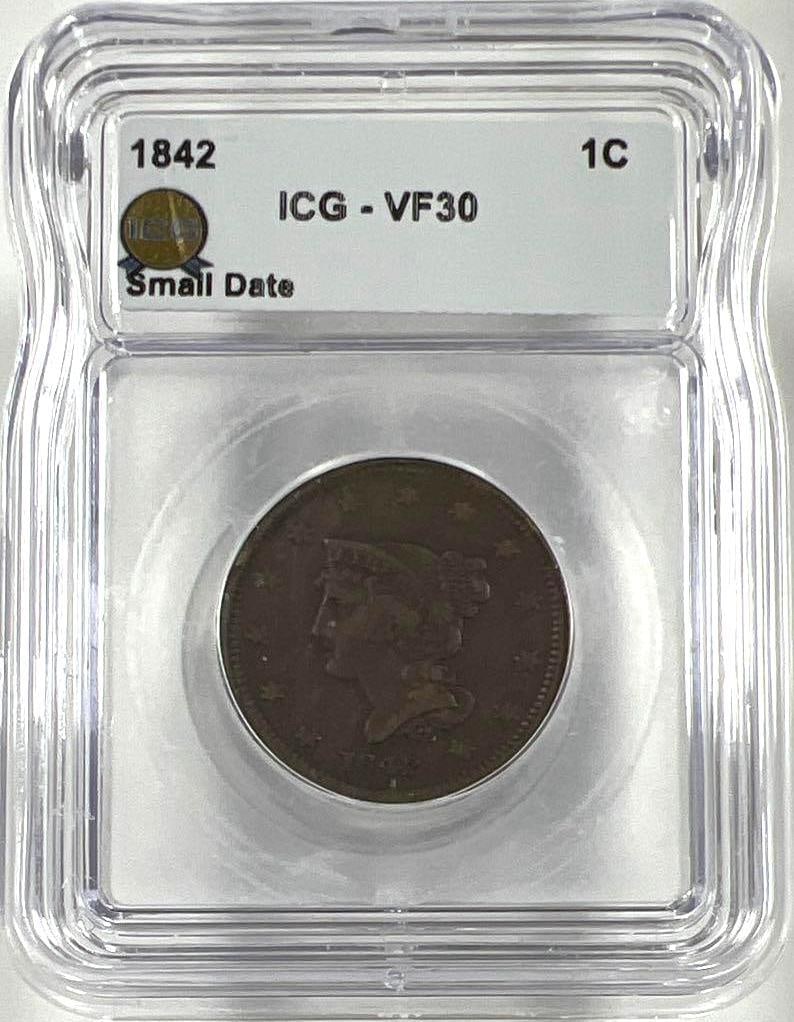 1842 Braided Hair Large Cent Small Date ICG VF30: 1842 Braided Hair Large Cent Small Date ICG VF30