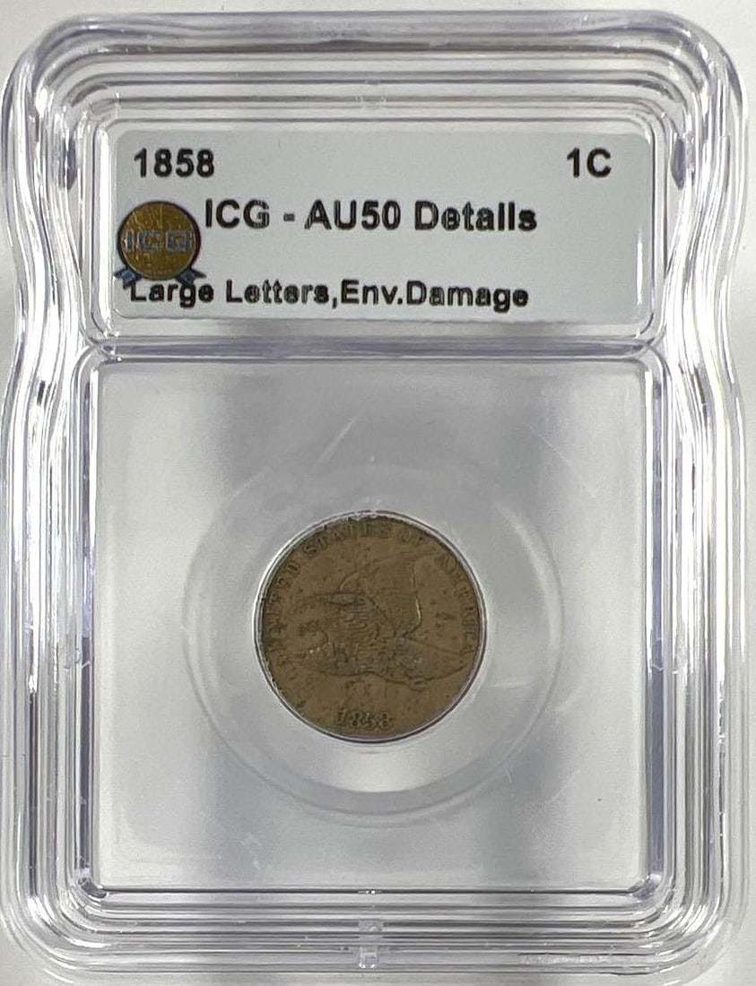 1858 US Flying Eagle Cent Large Letters ICG AU50: 1858 US Flying Eagle Cent Large Letters ICG AU50