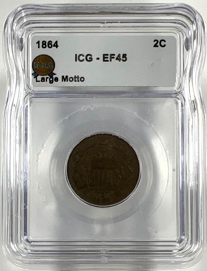 1864 US Large Motto Two Cent Piece ICG EF45: 1864 US Large Motto Two Cent Piece ICG EF45