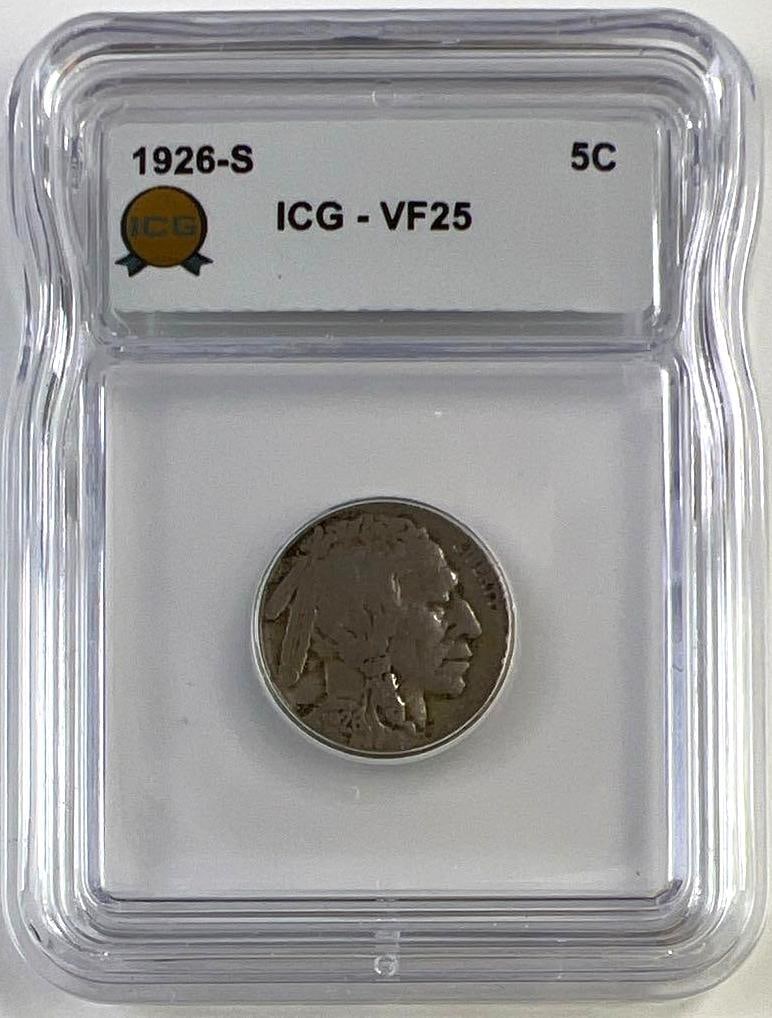 1926-S US Buffalo Nickel ICG VF25: 1926-S US Buffalo Nickel ICG VF25