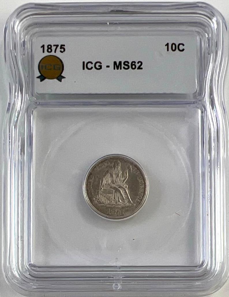 1875 US Seated Liberty Silver Dime ICG MS62: 1875 US Seated Liberty Silver Dime ICG MS62