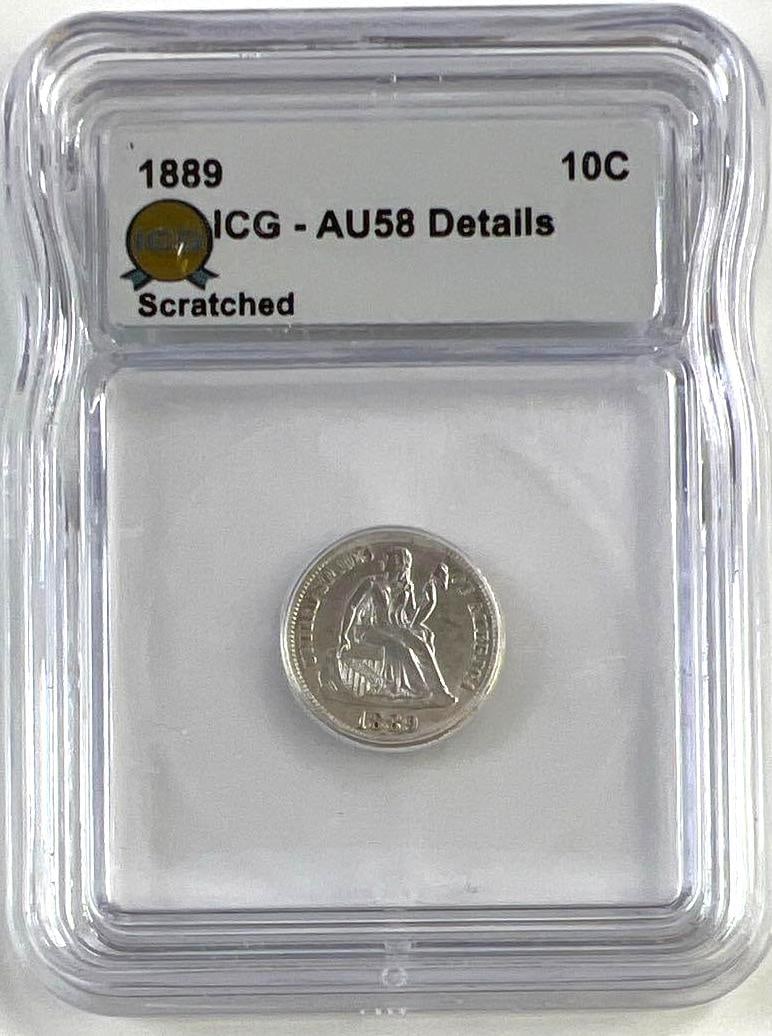 1889 US Seated Liberty Silver Dime ICG AU58: 1889 US Seated Liberty Silver Dime ICG AU58