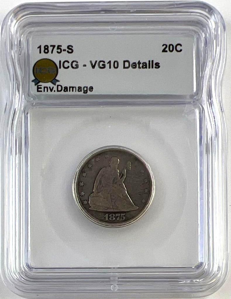 1875-S US Silver Twenty Cent Piece ICG VG10: 1875-S US Silver Twenty Cent Piece ICG VG10