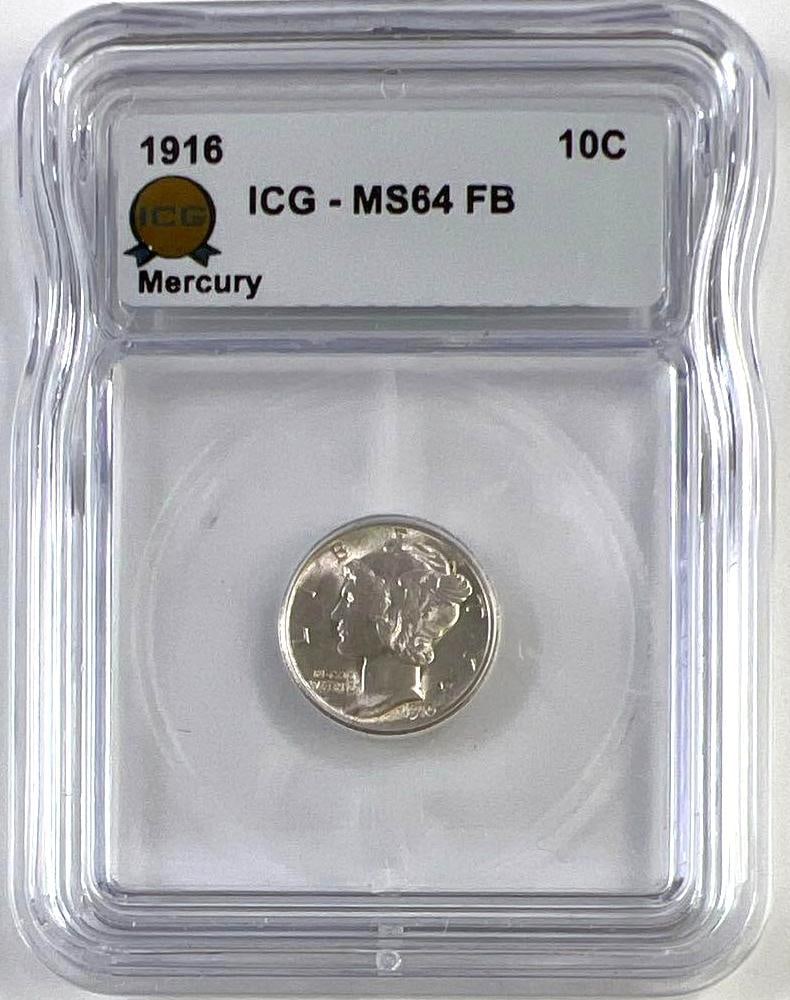 1916 US Mercury Silver Dime ICG MS64 FB: 1916 US Mercury Silver Dime ICG MS64 FB