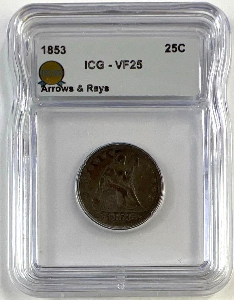 1853 US Seated Liberty Silver Quarter Arrows & Rays ICG VF25: 1853 US Seated Liberty Silver Quarter Arrows & Rays ICG VF25