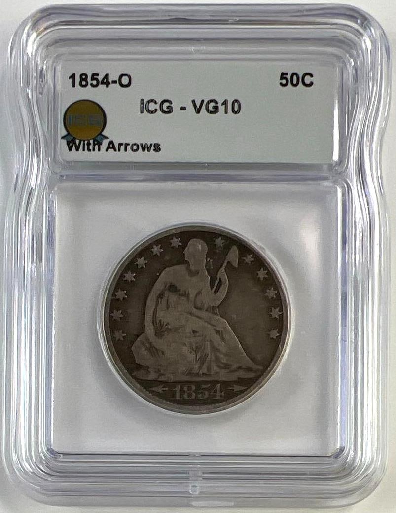1854-O US Liberty Seated Silver Half Dollar With Arrows ICG VG10: 1854-O US Liberty Seated Silver Half Dollar With Arrows ICG VG10
