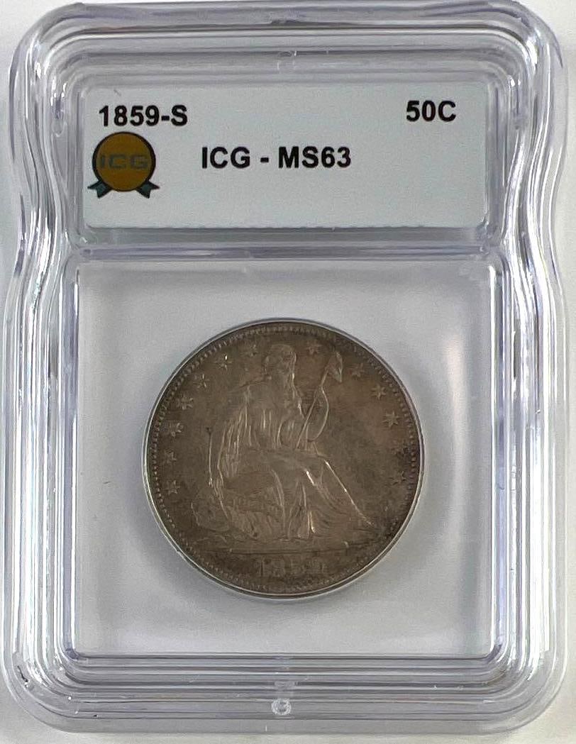 1859-S US Liberty Seated Silver Half Dollar ICG MS63: A scarce and impressive Mint State 1859-S Liberty Seated Half Dollar, struck at the historic San Francisco Mint during its early years of operation. Designed by Christian Gobrecht, this classic issue 
