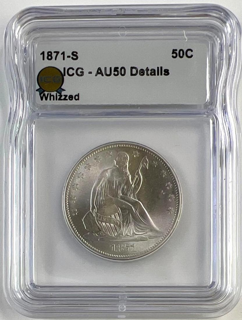 1871-S US Liberty Seated Silver Half Dollar ICG AU50 Details Whizzed: 1871-S US Liberty Seated Silver Half Dollar ICG AU50 Details Whizzed
