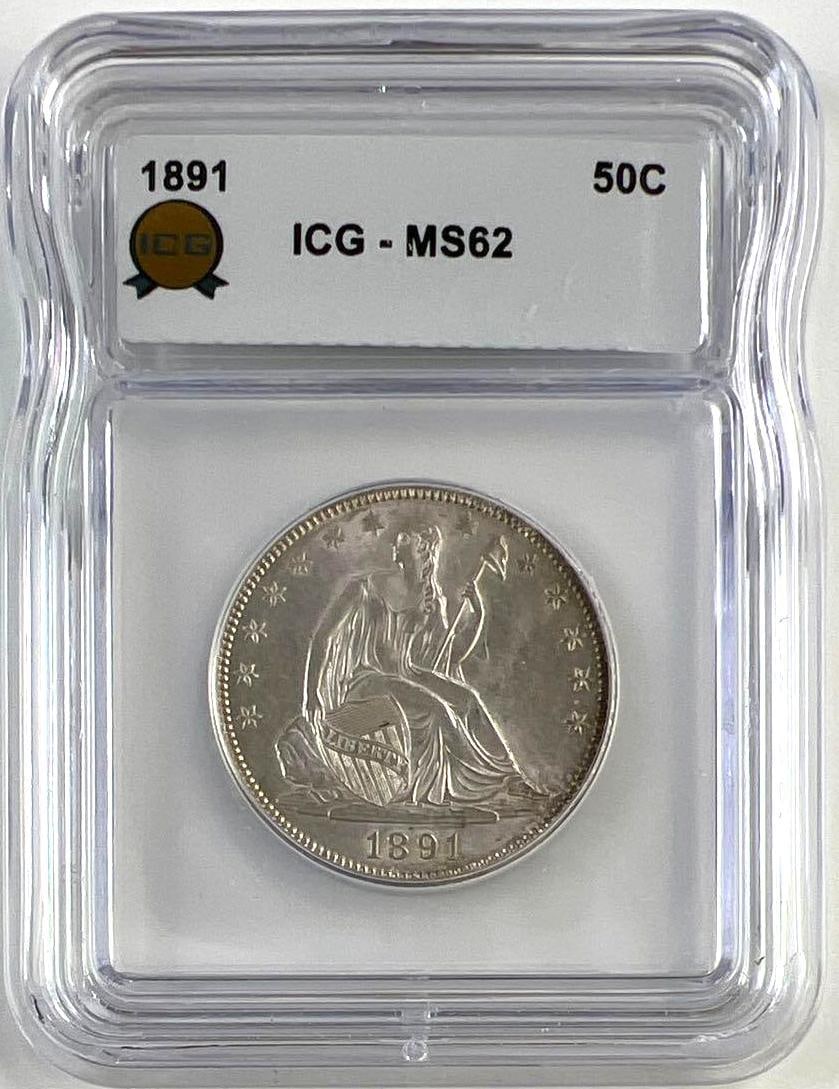 1891 US Liberty Seated Silver Half Dollar ICG MS62: 1891 US Liberty Seated Silver Half Dollar ICG MS62