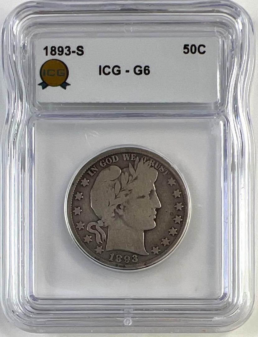 1893-S US Barber Silver Half Dollar ICG G6: 1893-S US Barber Silver Half Dollar ICG G6