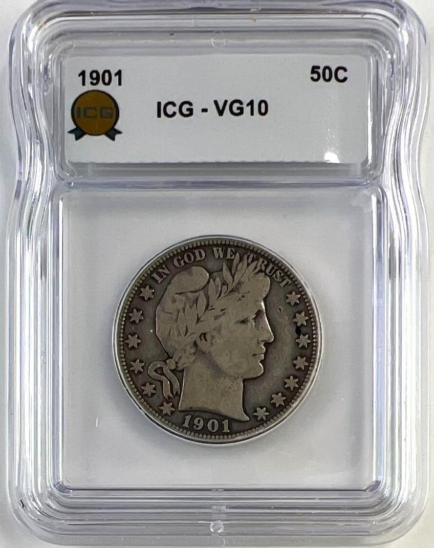 1901 US Barber Silver Half Dollar ICG VG10: 1901 US Barber Silver Half Dollar ICG VG10