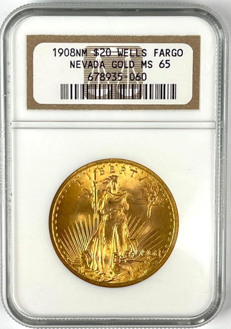 1908 NM Wells Fargo Nevada Gold US $20 St Gaudens Gold Coin NGC MS65 (1 of 2)