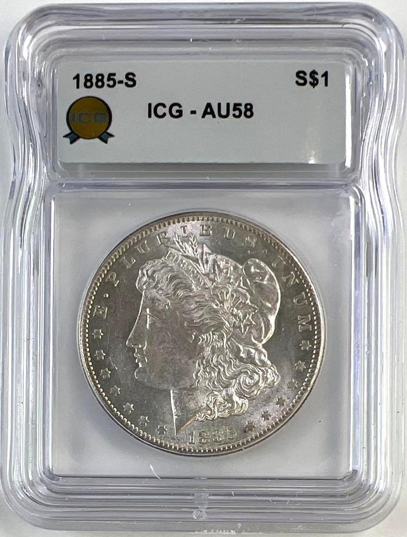1885-S US Morgan Silver Dollar ICG AU-58: 1885-S US Morgan Silver Dollar ICG AU-58