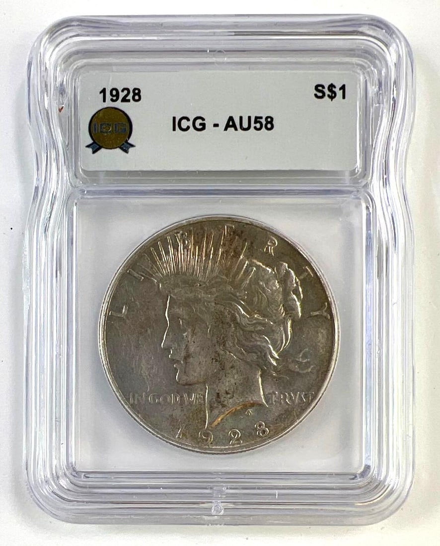 1928 US Peace Silver Dollar ICG AU58: 1928 US Peace Silver Dollar ICG AU58