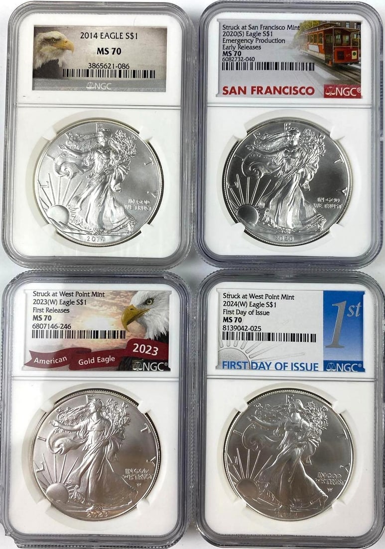 Group of 4 US 1 Oz American Silver Eagle NGC MS70 (1 of 2)