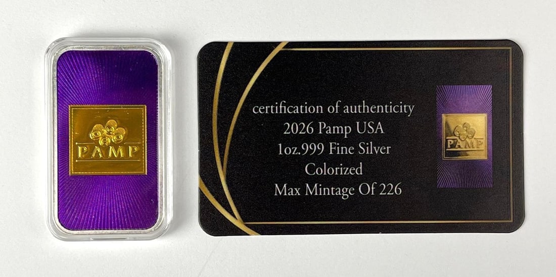 SUPER RARE PAMP Suisse Colorized 1 oz 999.0 Fine Silver Ingot/ Bar: Includes COA, Mintage of 226