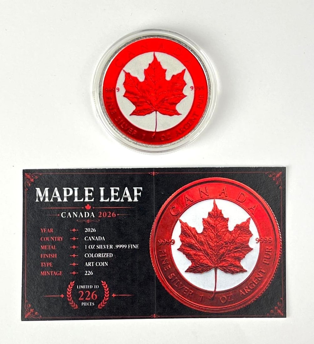 SUPER RARE 2026 Canada $5 Colorized Maple Leaf 1 oz .9999 Fine Silver Coin: Includes COA, Mintage of 226.