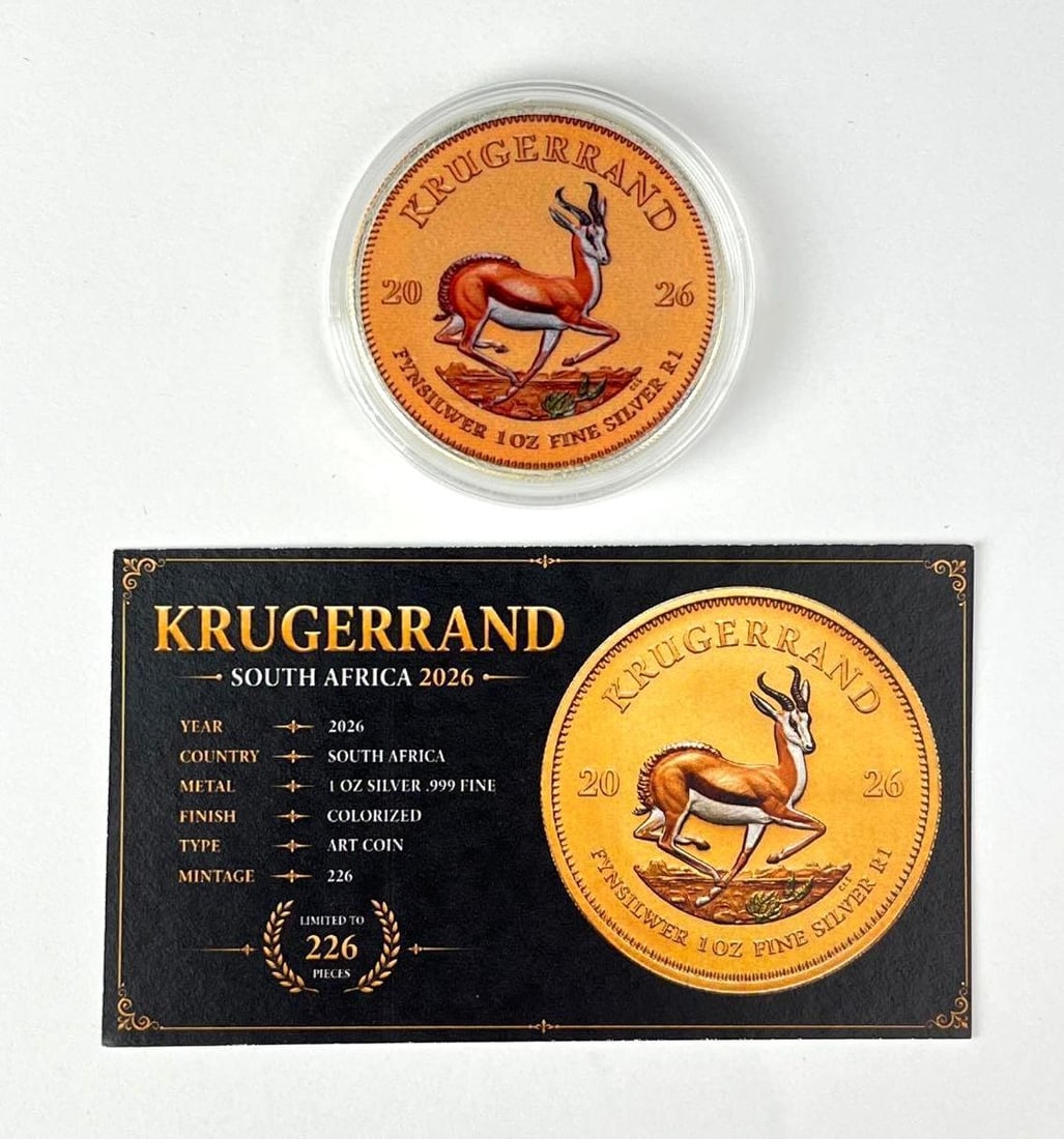 SUPER RARE 2026 South Africa Krugerrand Colorized 1 oz .999 Fine Silver Coin: Includes COA, Mintage of 226